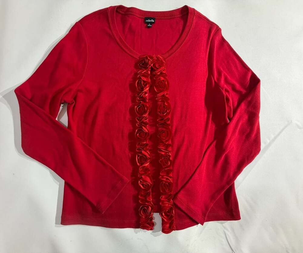Rafaella Red Rosette Floral Trim Long Sleeve Top Womens L